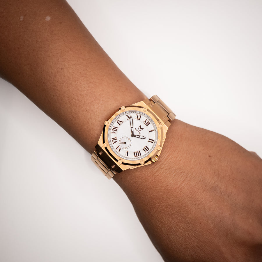 MSTR Ambassador Ultra Slim AU141SS Rose gold and white watch on models wrist