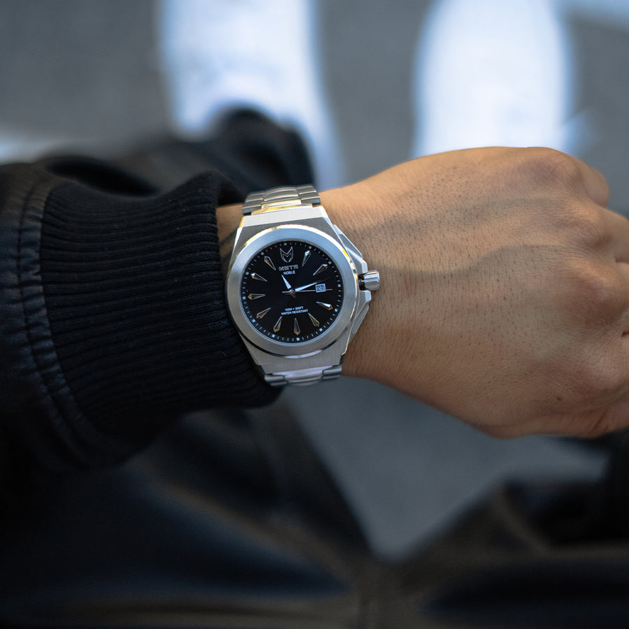 MSTR Noble NO117SS Brushed Silver watch on models wrist