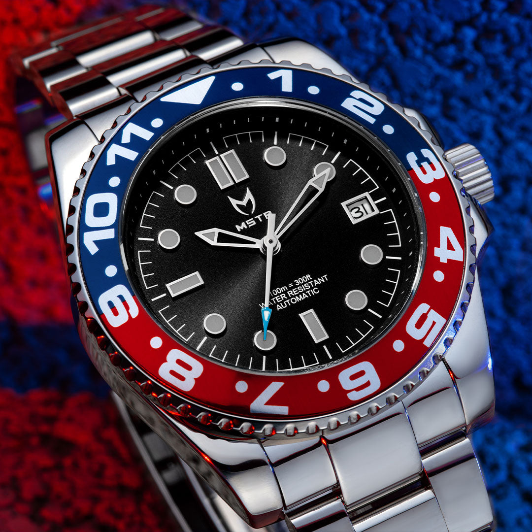 MSTR Voyager VO123SS Silver blue and automatic watch up close
