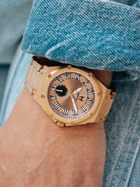 Thumbnail for MSTR Ambassador Ultra Slim AU140SS rose gold watch on models wrist