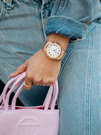 Thumbnail for MSTR Ambassador Ultra Slim AU141SS Rose gold and white watch on models wrist