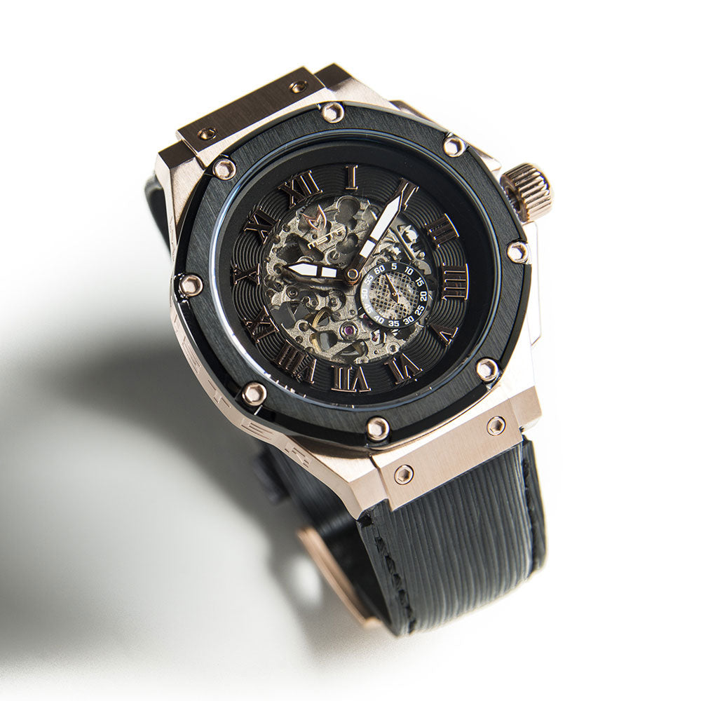 AM303EL - AMBASSADOR ROSE GOLD AUTOMATIC / BLACK LEATHER BAND