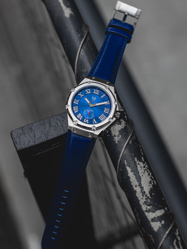 AU117LB- ULTRA SLIM SILVER SEMI-POLISHED / BLUE / LEATHER BAND