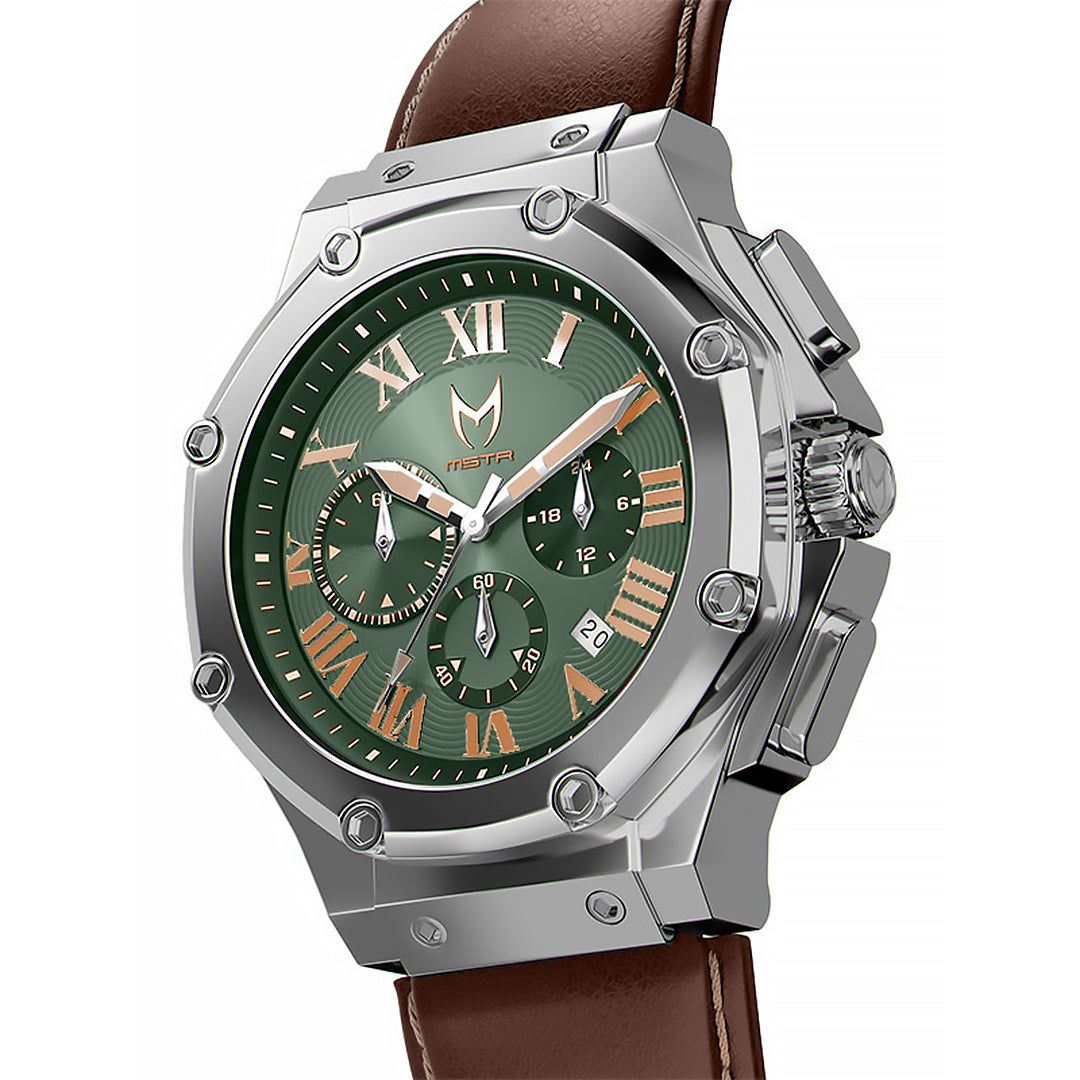 MSTR Ambassador 1037LB Silver watch with leather band side render