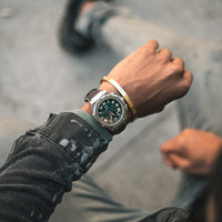 Thumbnail for MSTR Ambassador 1037LB Silver watch with leather band on models wrist