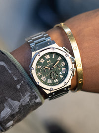 AM1037SS - AMBASSADOR SILVER / GREEN / SILVER STEEL BAND WATCH