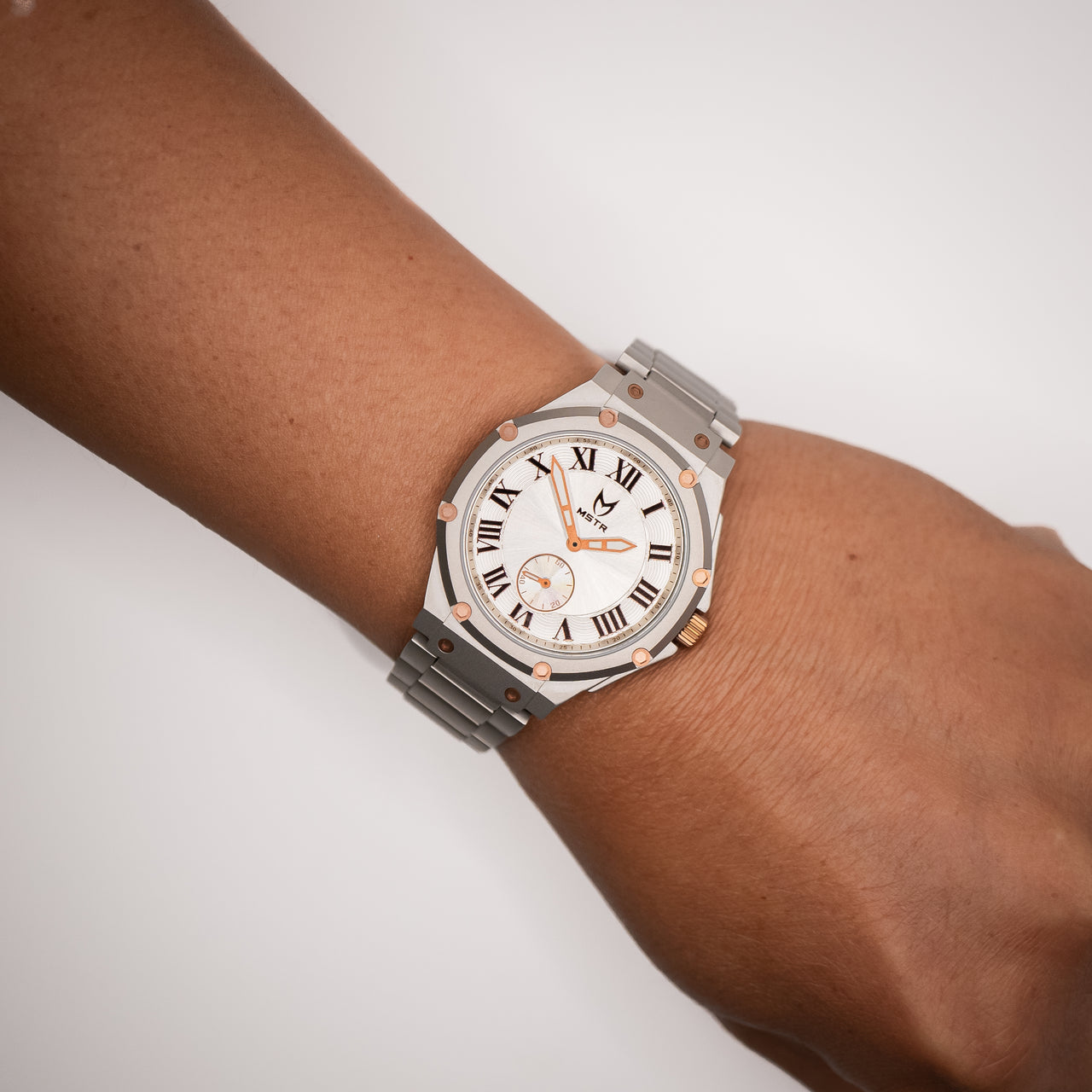 MSTR Ambassador Ultra Slim AU137SS Silver and copper watch on models wrist