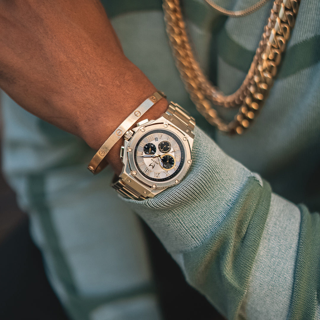 MSTR Ambassador 1039ss silver gold watch on model wrist