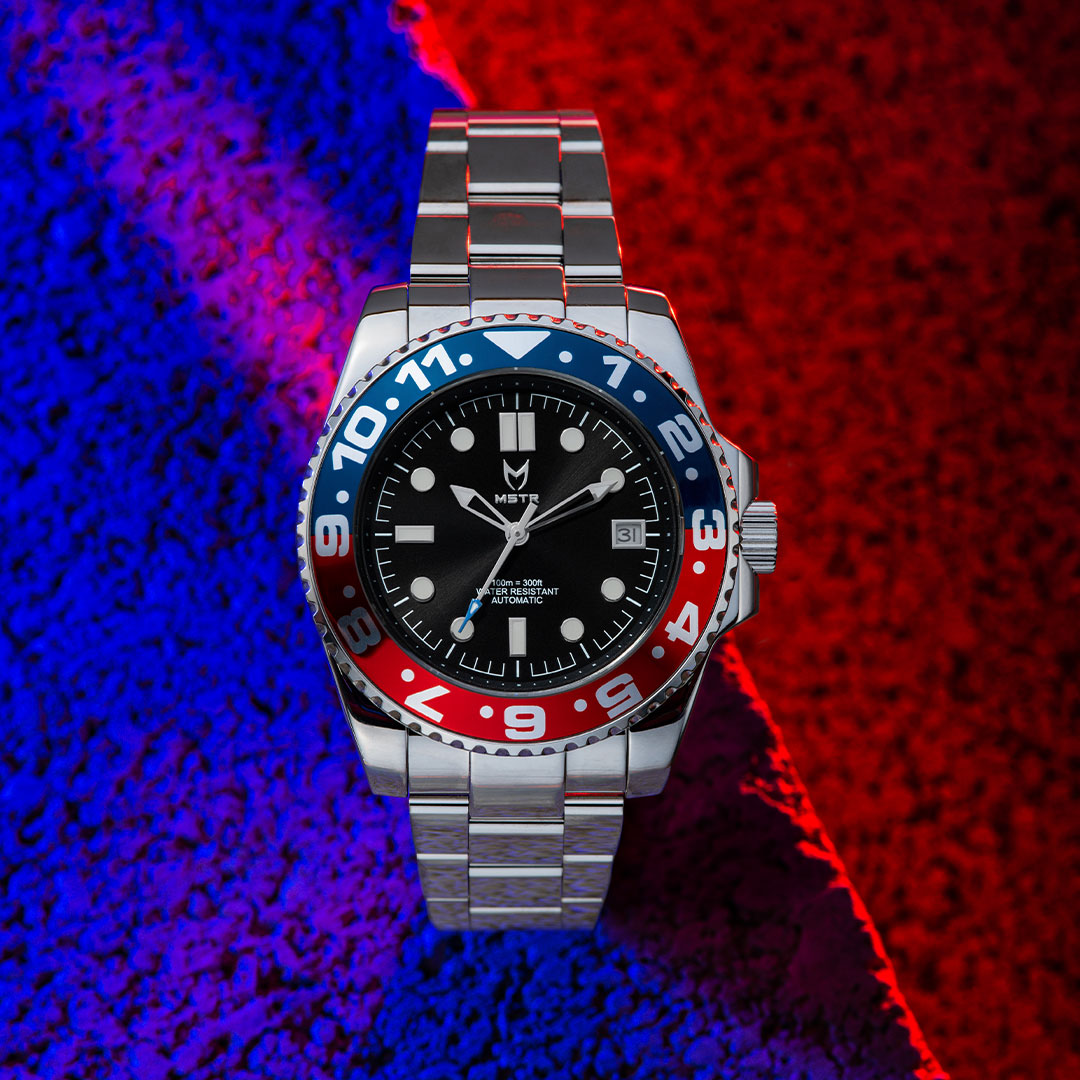MSTR Voyager VO123SS Silver Blue and Red automatic watch front