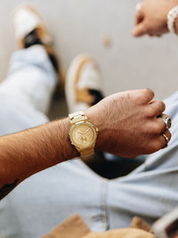 Thumbnail for MSTR Ambassador Ultra Slim AU141MV2 gold watch on models wrist