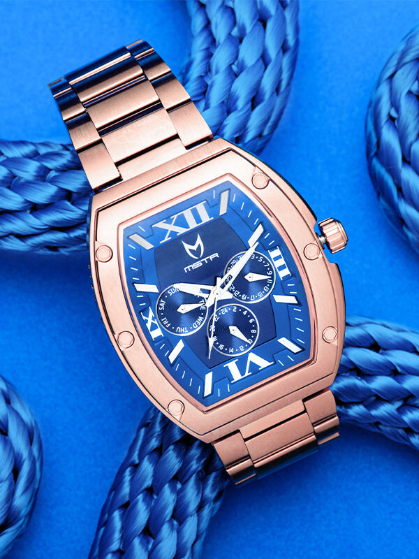 Rose gold watch blue band deals