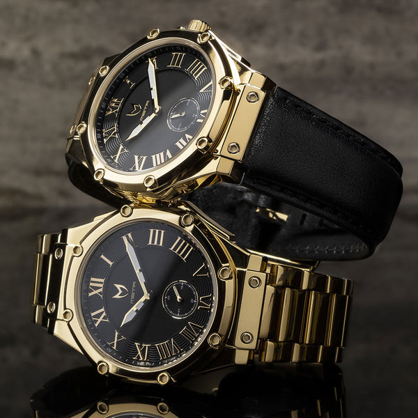 AU110LB- ULTRA SLIM 18K GOLD / BLACK / LEATHER BAND
