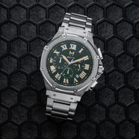 Thumbnail for AM1037SS - AMBASSADOR SILVER / GREEN / SILVER STEEL BAND WATCH