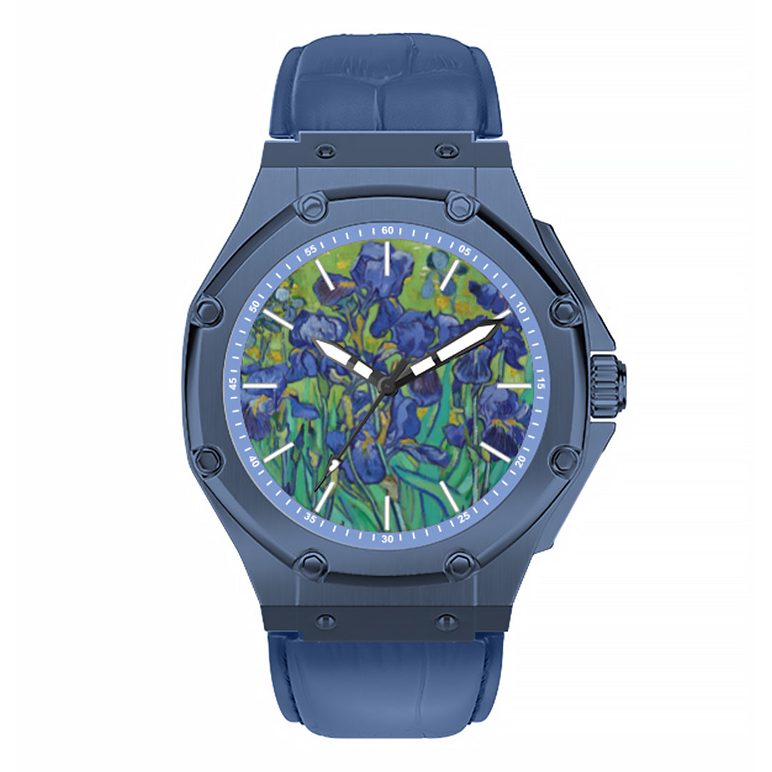 front image of a blue watch