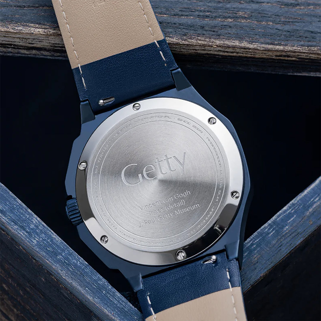 back shot of the blue watch with getty details